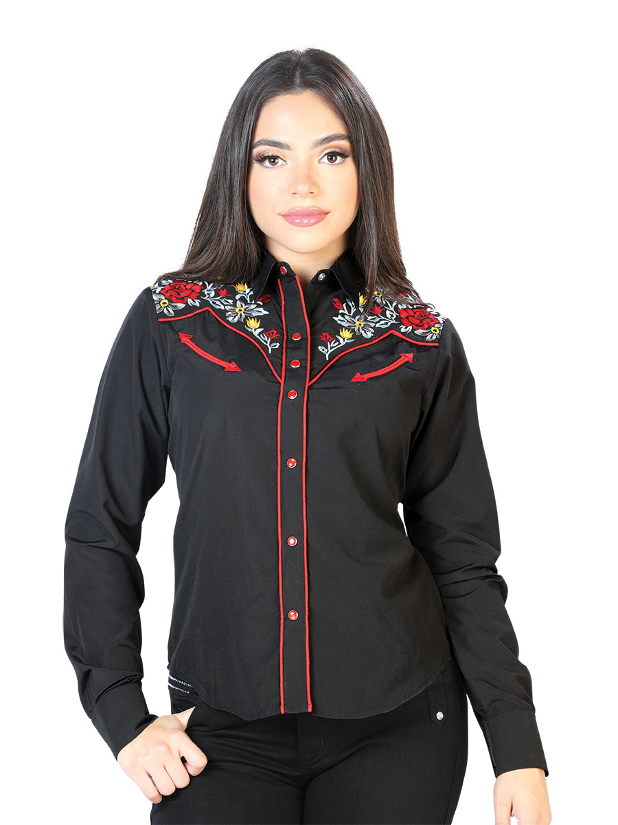 Womens Black Embroidered Western-style Blouse 126685