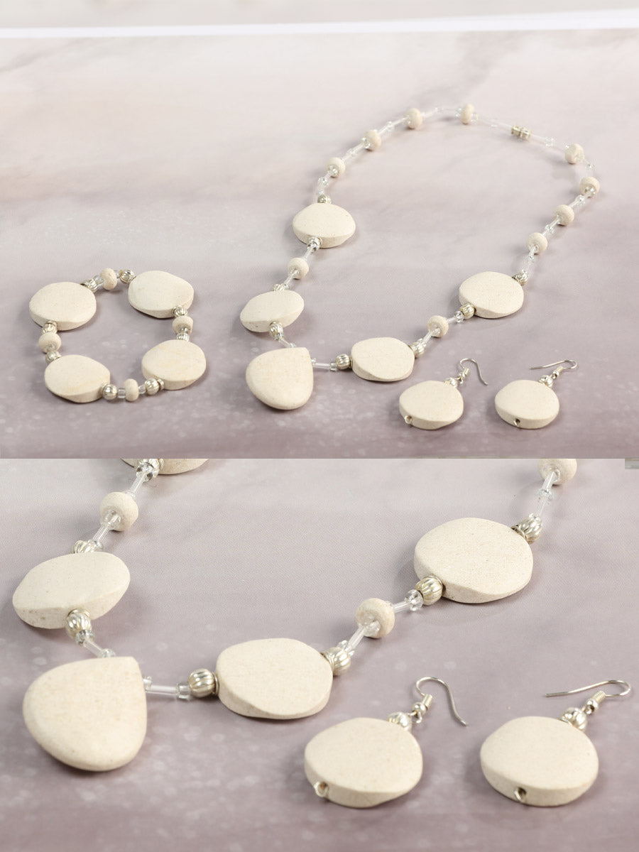 Artisanal Set Earrings-Necklace-Bracelet Onyx Stone Beige 603139
