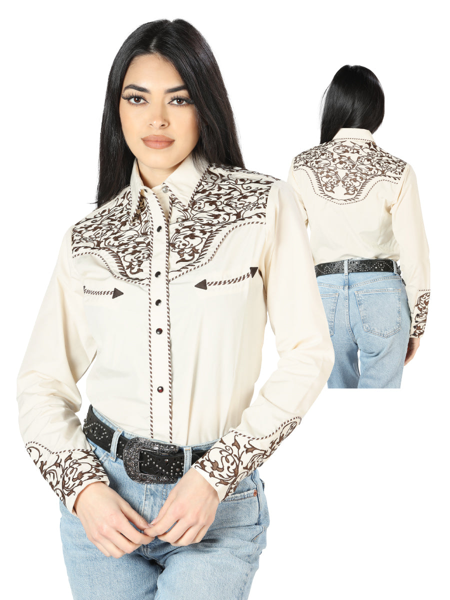 Womens Beige Embroidered Western-style Blouse 44191