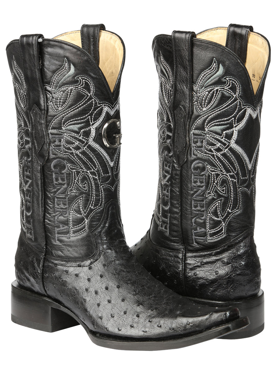 El General Men's Exotic Ostrich Leather Cowboy Boots - Black  45075