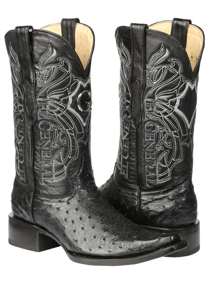 El General Men's Exotic Ostrich Leather Cowboy Boots - Black  45075