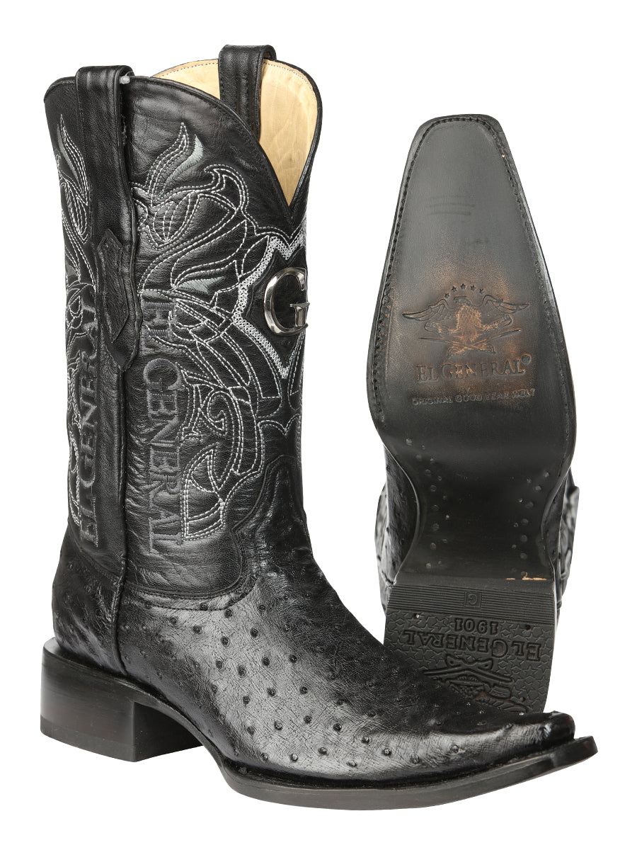 El General Men's Exotic Ostrich Leather Cowboy Boots - Black  45075