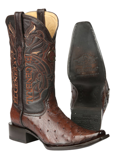 El General Men's Exotic Ostrich Leather Cowboy Boots - Brown  45076