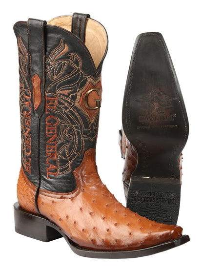 El General Men's Exotic Ostrich Leather Cowboy Boots - Cognac  45077