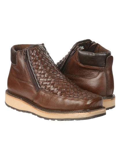 El General Men’s Brown Woven Ankle Boots with Zipper 45184
