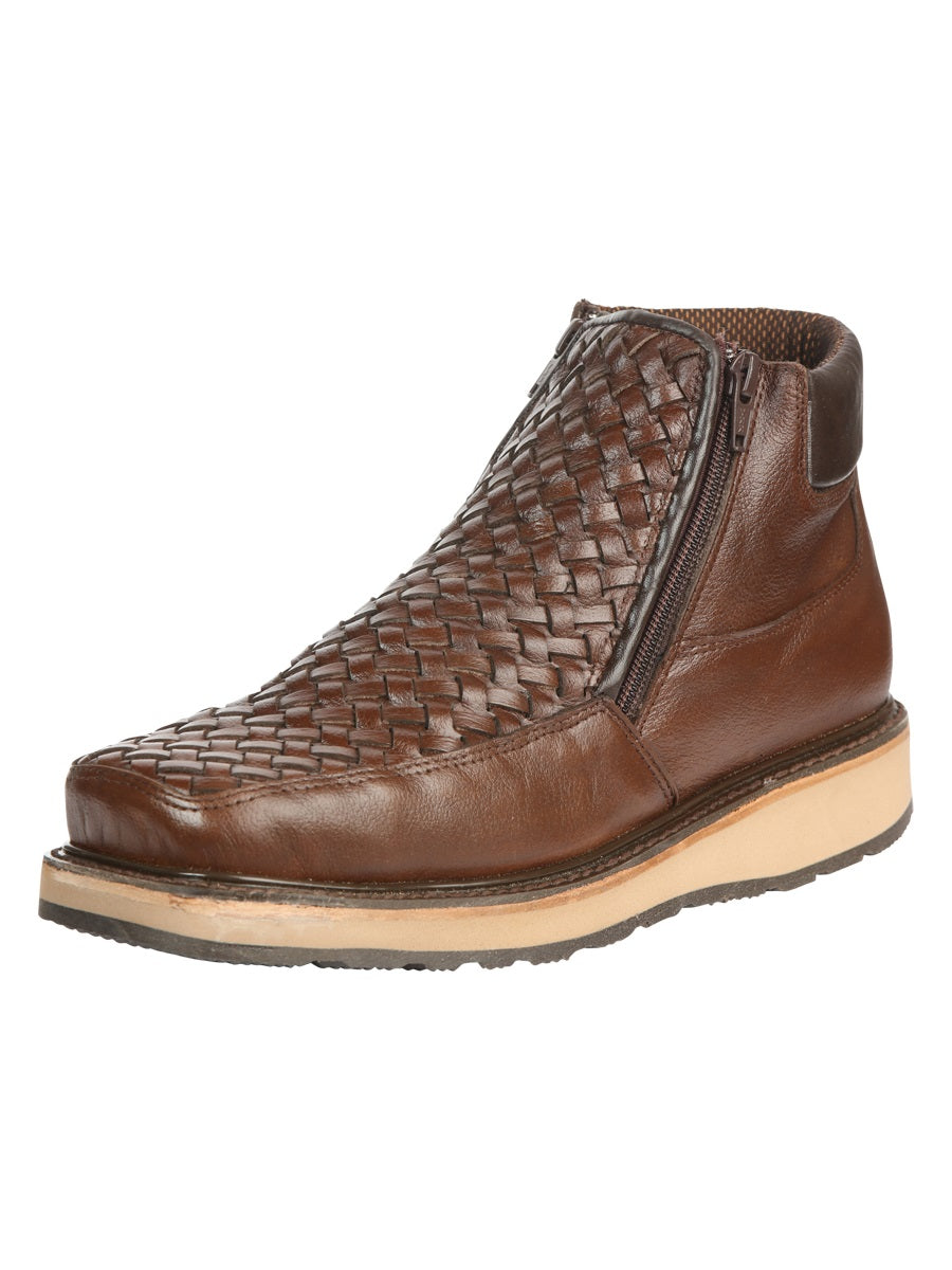 El General Men’s Brown Woven Ankle Boots with Zipper 45184