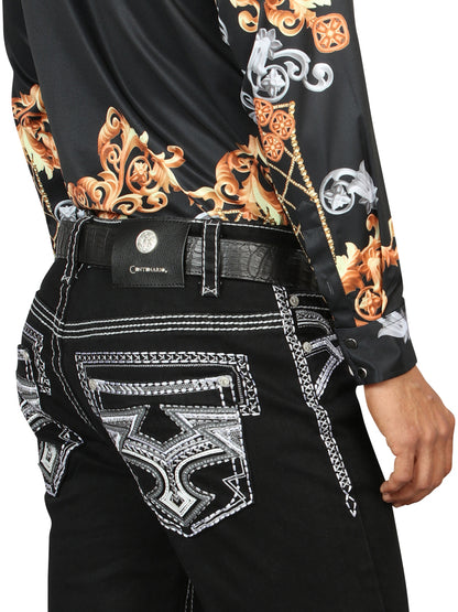 Centenario Men's Black Denim with White/Gray Embroidered Details  45310