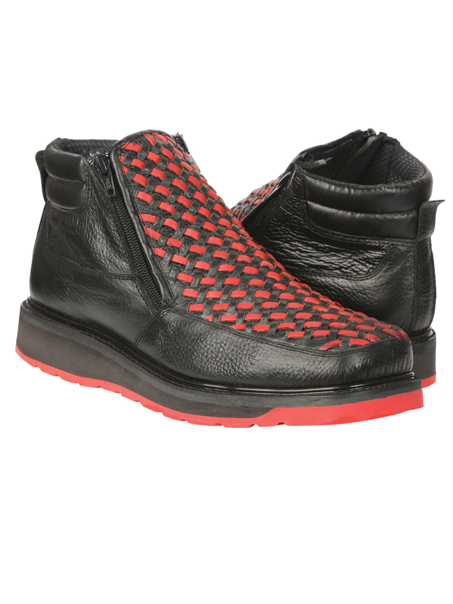 El General Men’s Ankle Boots with Zipper - Black/Red Petatillo  Leather 45402