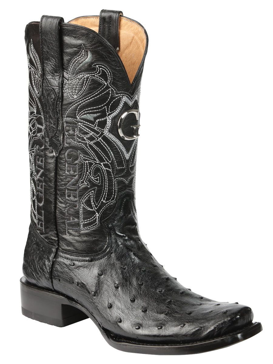 El General Men's Exotic Ostrich Leather Cowboy Boots - Black  45515