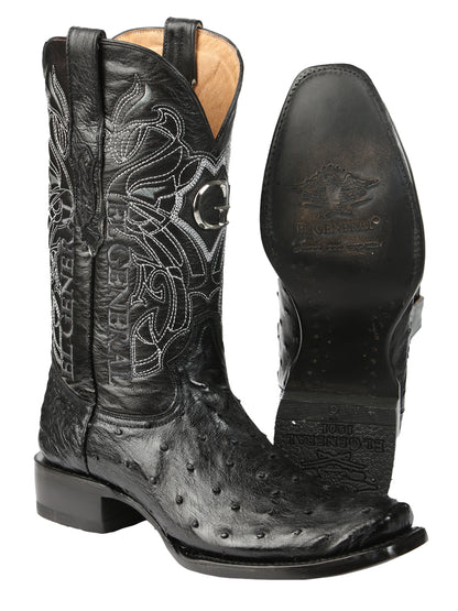 El General Men's Exotic Ostrich Leather Cowboy Boots - Black  45515