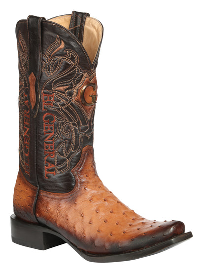 El General Men's Exotic Ostrich Leather Cowboy Boots - Cognac  45517