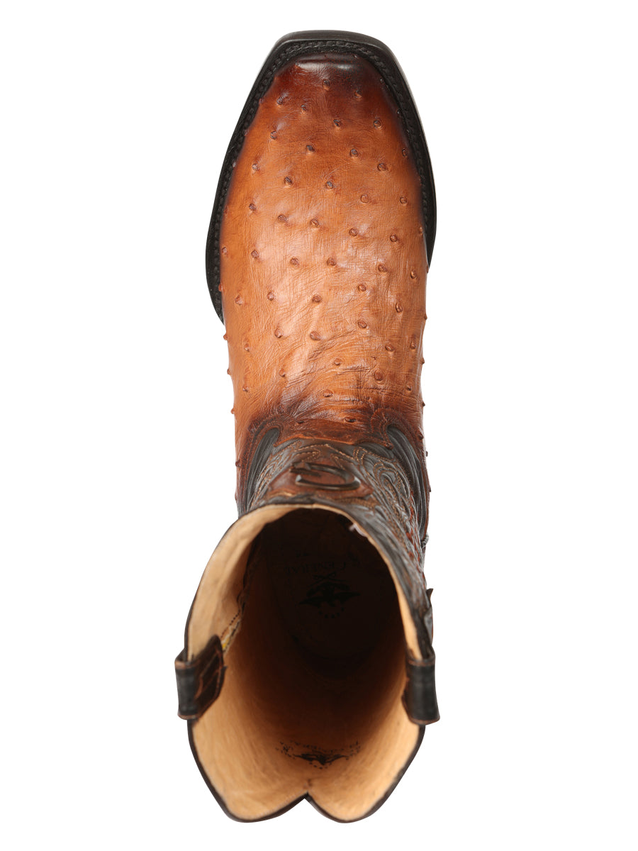 El General Men's Exotic Ostrich Leather Cowboy Boots - Cognac  45517