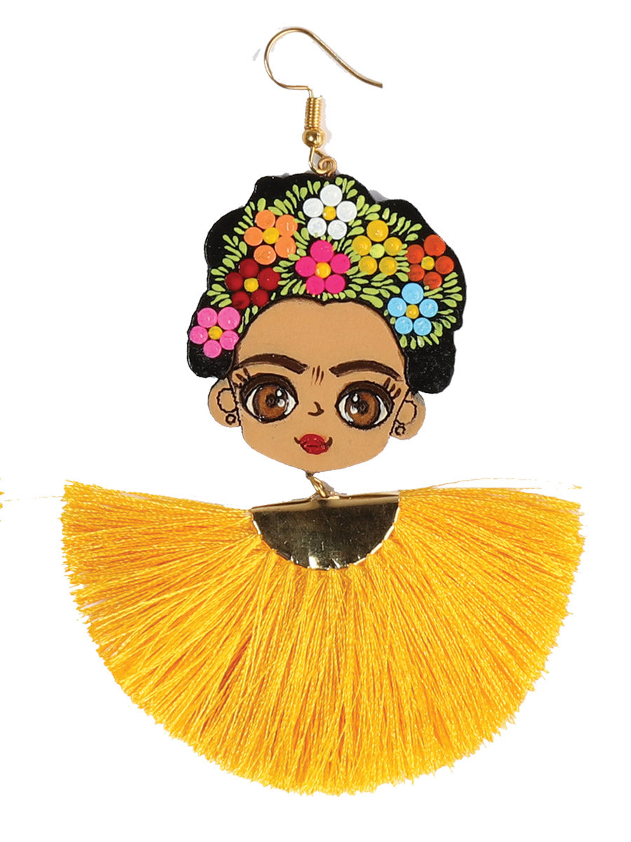 Artisanal Hand Painted Earrings Wood-Silk Thread Yellow 602992