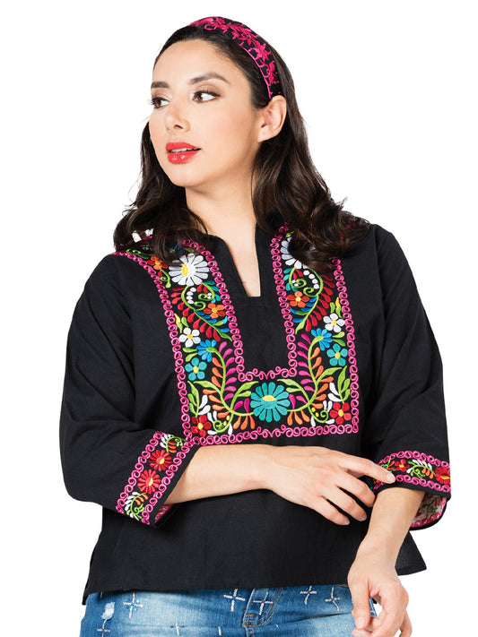 Artisanal Embroidered Blouse 100% Cotton Black 603059
