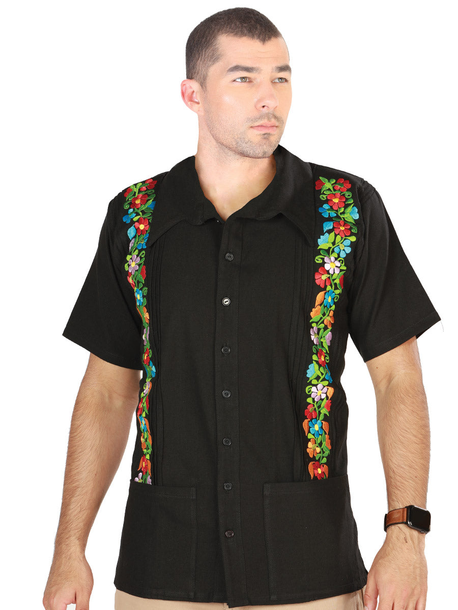 Mexican Embroidered Guayabera 100% Cotton Black 603113