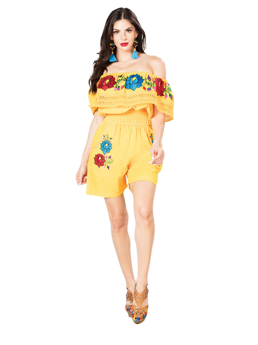 Artisanal Embroidered Romper 100% Cotton Yellow 603189