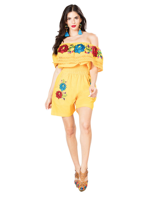 Artisanal Embroidered Romper 100% Cotton Yellow 603189
