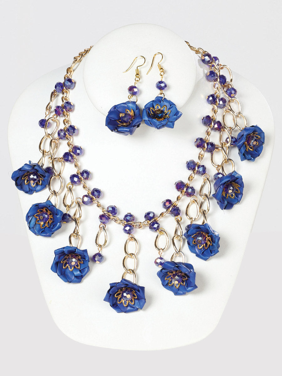 Artisanal Set Earrings-Necklace Palm-Silk Thread Royal Blue 603224
