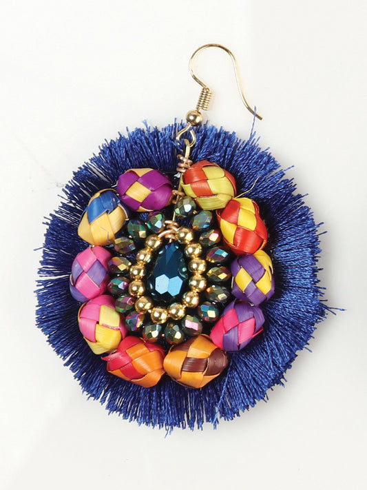 Artisanal Handcrafted Earrings Palm-Silk Thread Royal Blue 603252