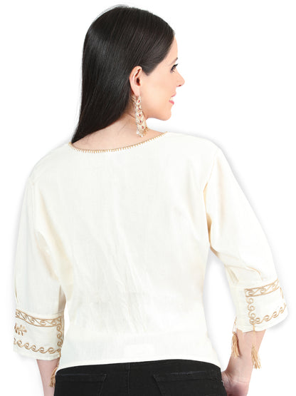 Artisanal Embroidered Blouse 100% Cotton Beige 603961