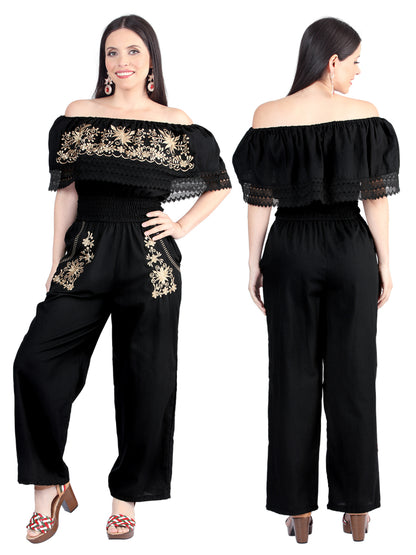Artisanal Embroidered Jumpsuit 100% Cotton Black 603965