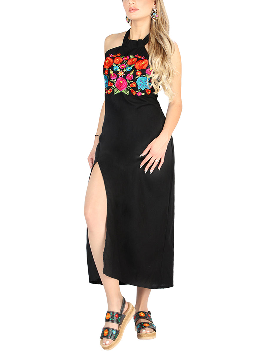 Artisanal Embroidered Dress 100% Cotton Black 604056